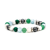 Handcrafted multistone men’s bracelet with Belomorite, Green Aventurine, Malachite, Howlite, and Hematite beads on white background, designed for transformation and balance.
